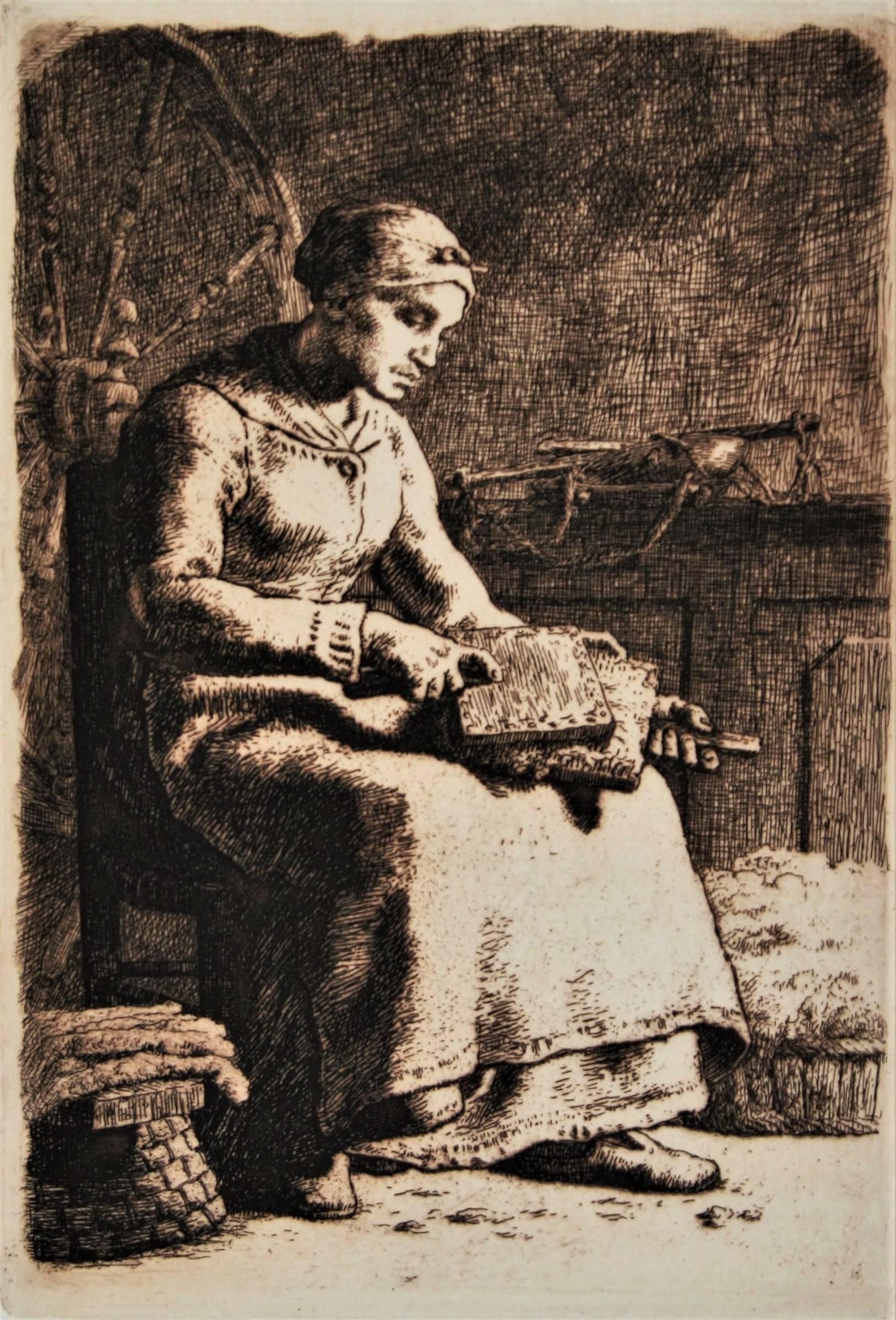 Jean François Millet Figurative Print - La Cardeuse (Woman Carding Wool)