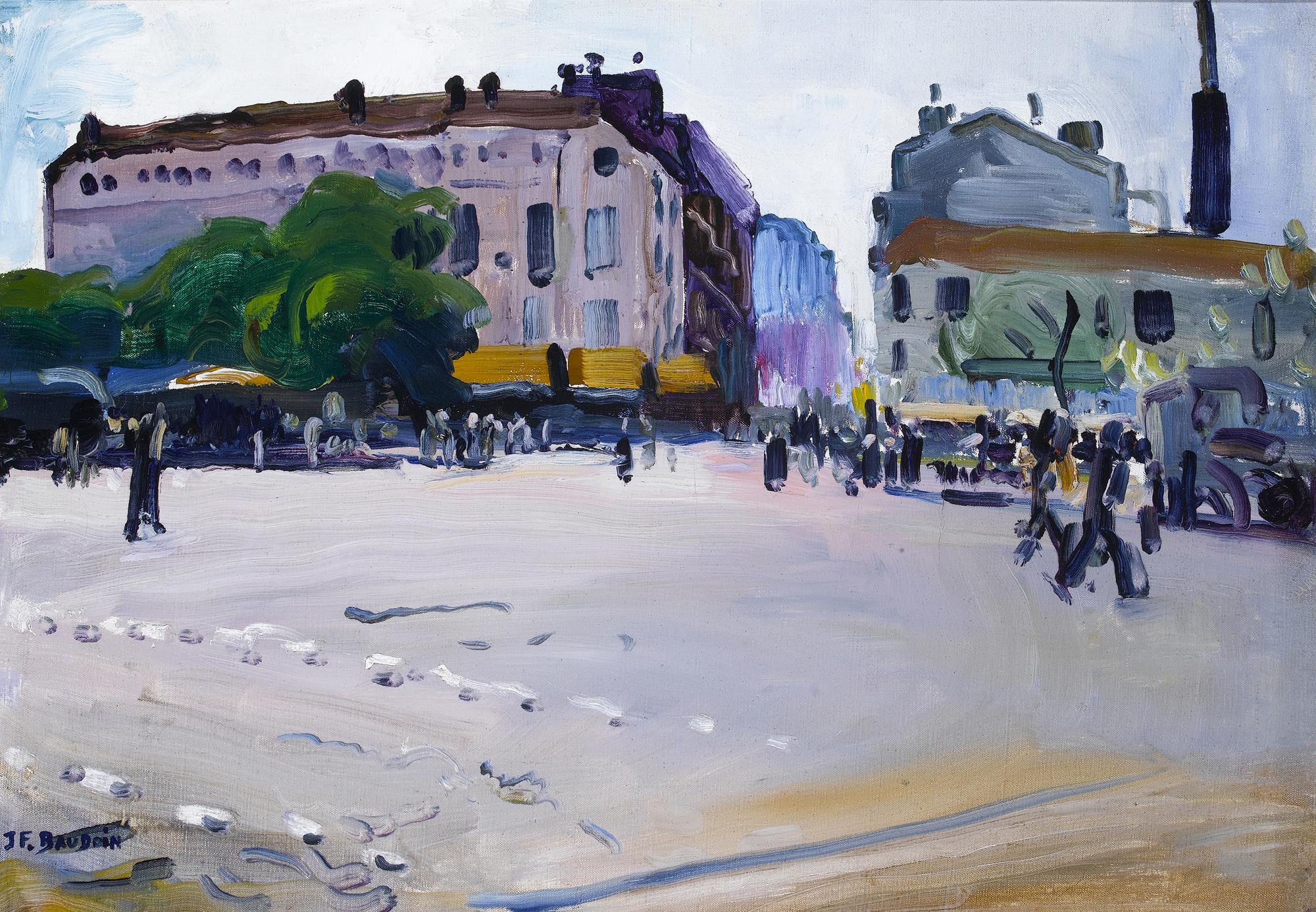 Busy French Street Scene with Figures, Buildings (Scène de la Bataille)  - Painting de Jean Franck Baudoin