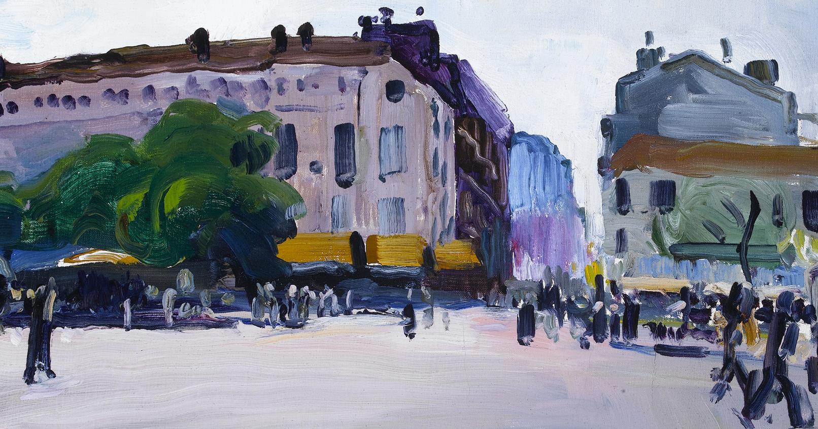 'Place de la Bataille' Busy French Paris Street Scene with Figures, Buildings  - Abstract Impressionist Painting by Jean Franck Baudoin