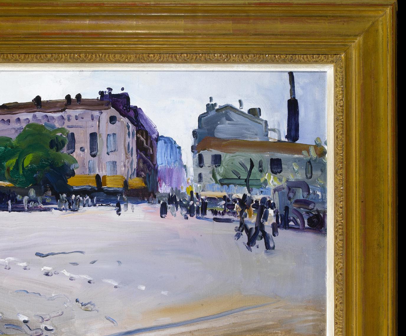 Busy French Street Scene with Figures, Buildings (Scène de la Bataille)  - Impressionnisme abstrait Painting par Jean Franck Baudoin