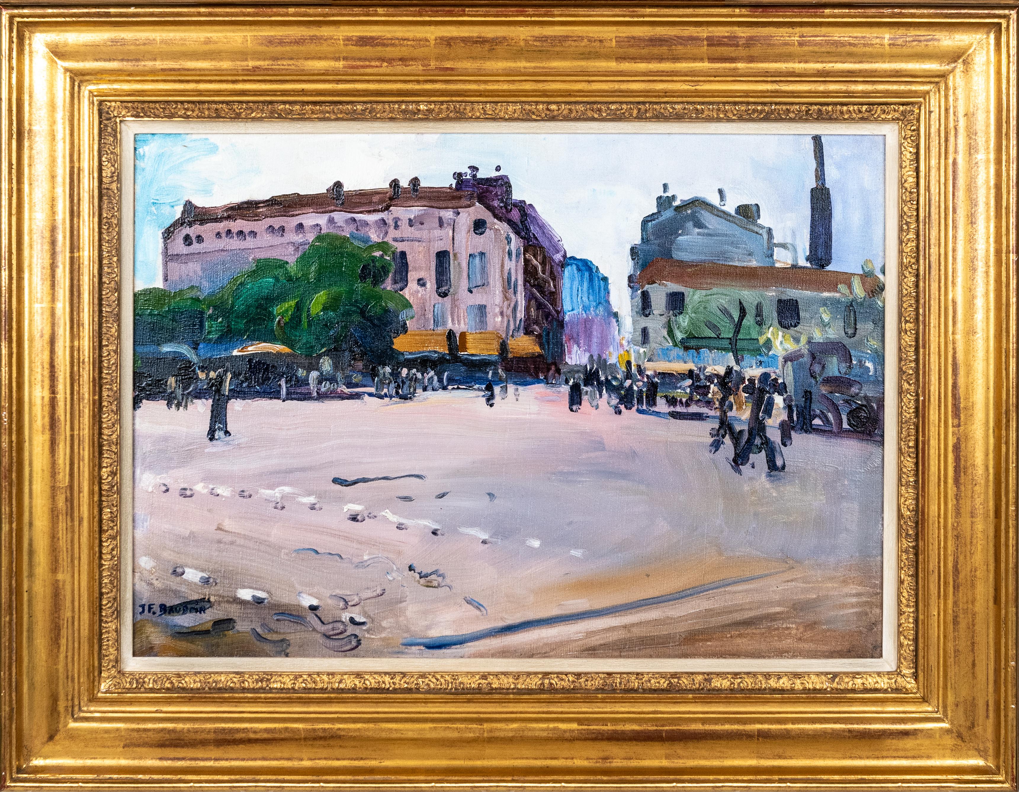 Jean Franck Baudoin Landscape Painting - 'Place de la Bataille' Busy French Paris Street Scene with Figures, Buildings 