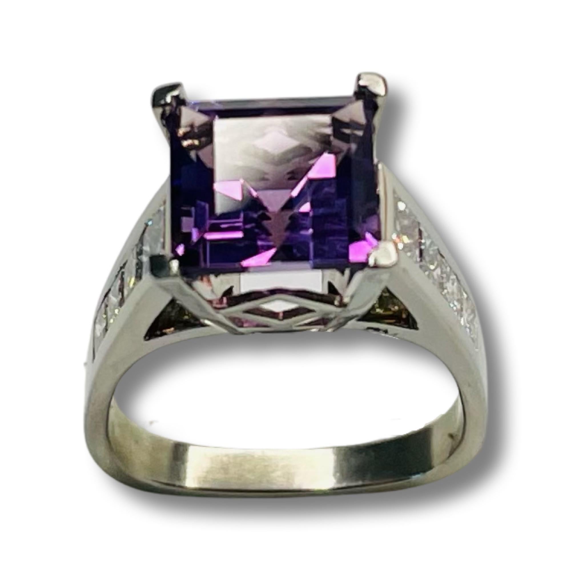 Jean-Francois Albert 18K White Gold Amethyst Diamond Ring. The center stone is a 9 mm step cut amethyst. It weighs 3.55 carats. It can be replaced with a colored stone, moissonite or natural or lab created diamond for an additional fee. There are 8
