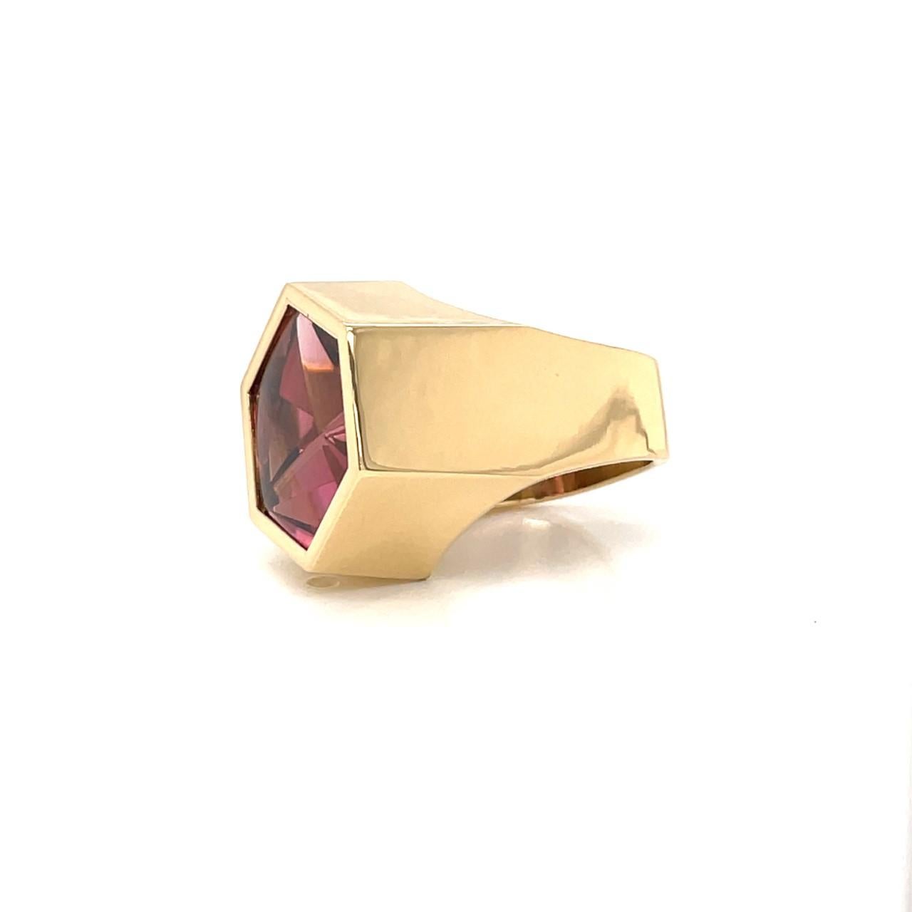 Jean Francois Albert 18k Yellow Gold statement ring with custom cut Pink Tourmaline from Atelier Munsteiner