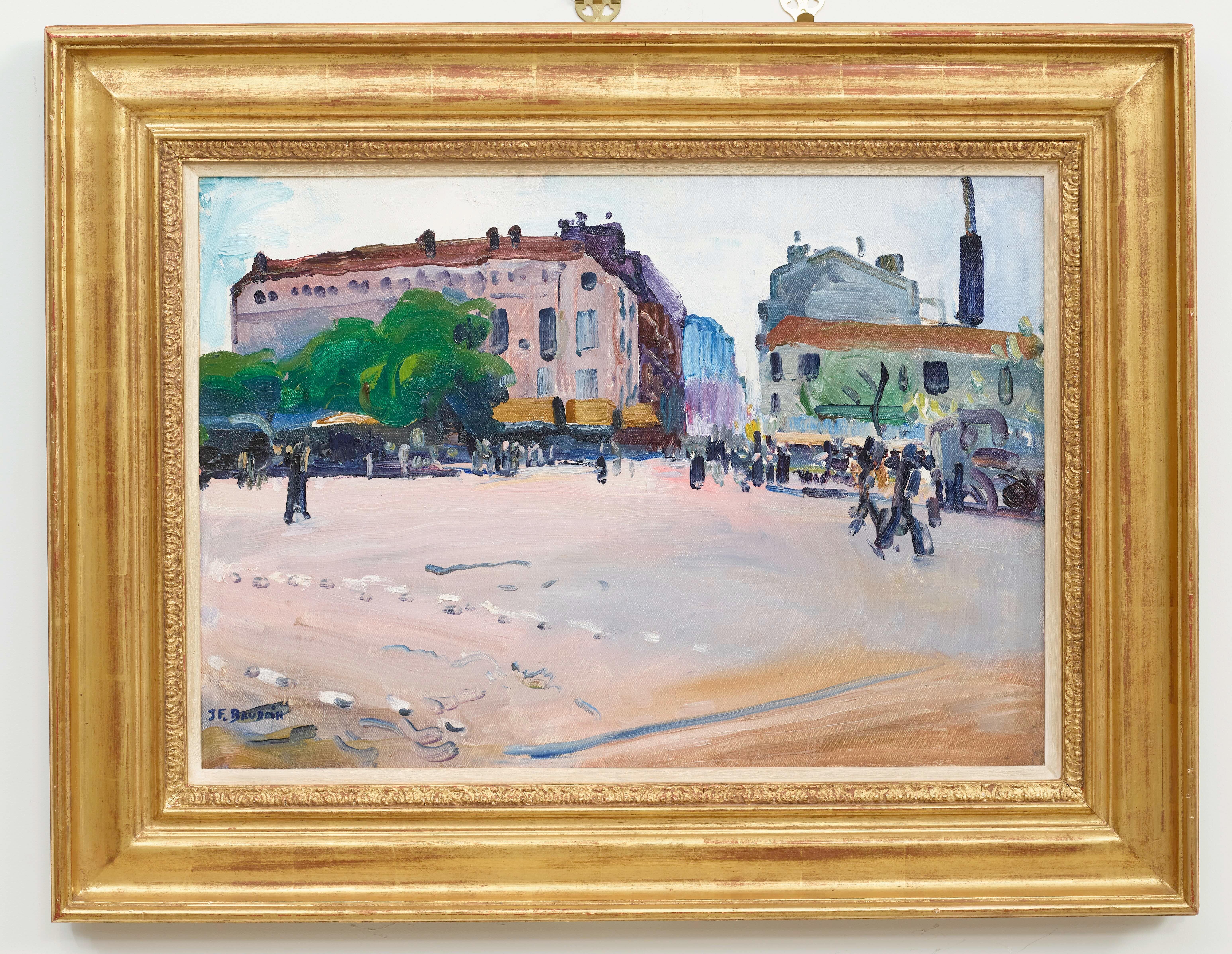 Impressionist Painting of Place de la Bataille, Paris Street scene, Figures (Grau), Landscape Painting, von Jean-François Baudoin