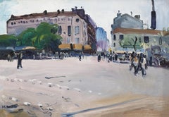Impressionist Painting of Place de la Bataille, Paris Street scene, Figures