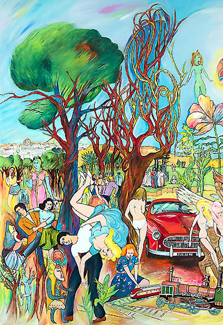 Painter of the imaginary, French contemporary artist Jean-Francois (Cesare) De Bus uses exploding color and cartoonish characters to render figures and symbolic objects across time. The artist's paintings and works on paper are like graphic novels