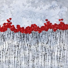 "Amazing Red" 80x80cm floral painting acrylic ink on canvas nature blue calm sky