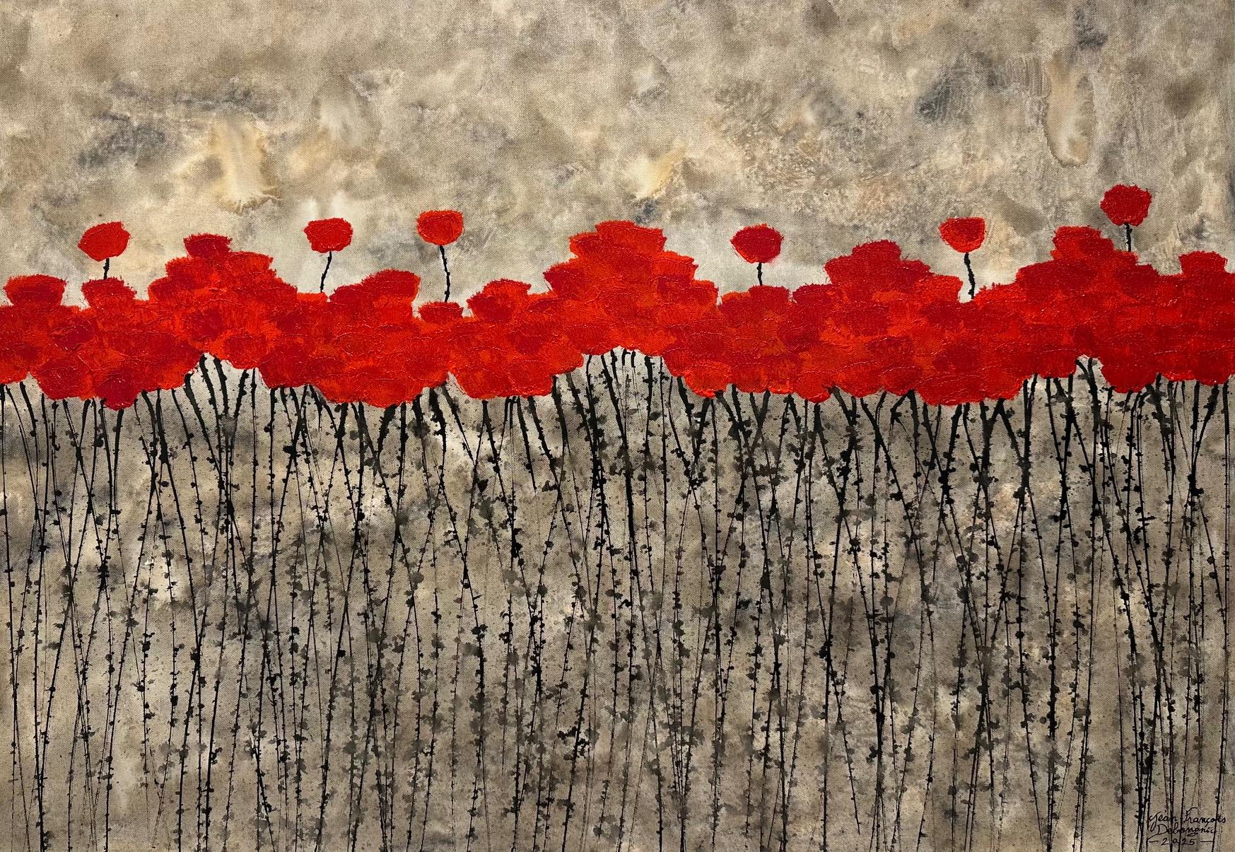 "Blooming" 70x100cm pintura acrílica floral naturaleza rojo verano paz estado de ánimo feliz - Mixed Media Art de Jean Francois Debongnie