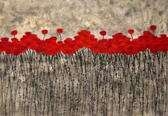 "Blooming" 70x100cm pintura acrílica floral naturaleza rojo verano paz estado de ánimo feliz