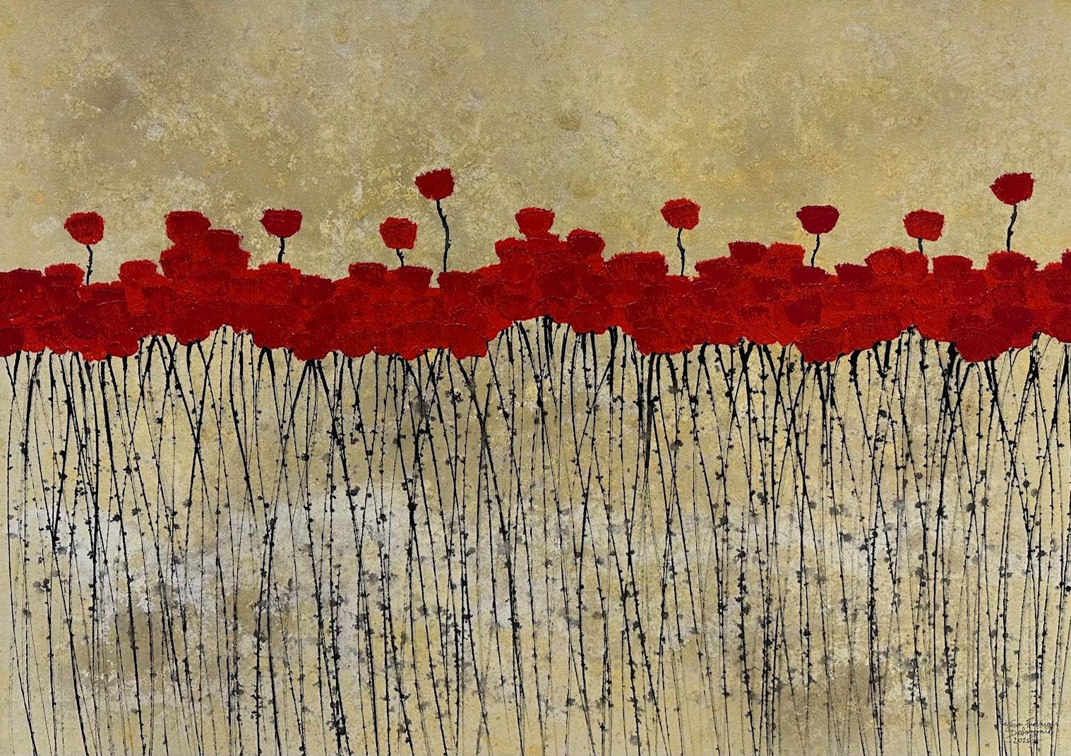 "Blooming" 70x100cm pintura acrílica floral naturaleza rojo verano paz estado de ánimo feliz - Mixed Media Art de Jean Francois Debongnie
