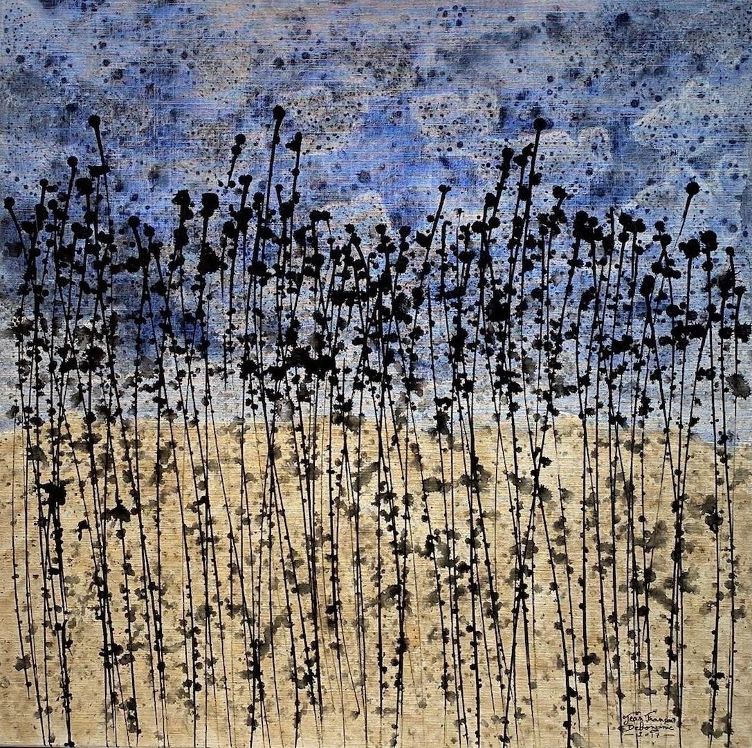 "Eternity" 80x80cm floral painting acrylic Ink on canvas blue flower nature calm - Mixed Media Art by Jean Francois Debongnie