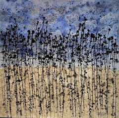"Bluish Field" 80x80cm floral painting acrylic Ink on canvas blue flower nature