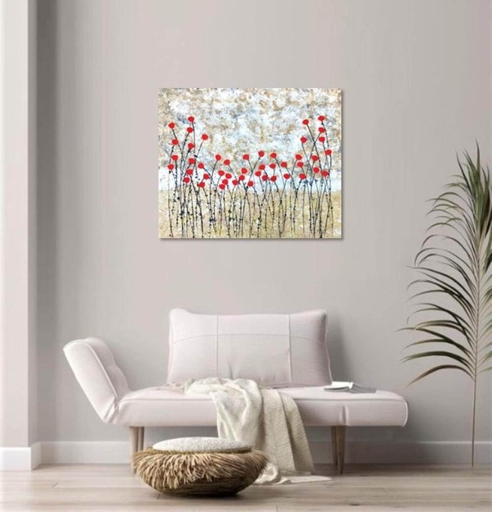 Fresh from Jean Francois's studio in Brussels, this work captures the blossoming scene of the little wild flowers in the field leaving a harmonious feeling of peacefulness. In Europe when people start seeing these little wild flowers means that