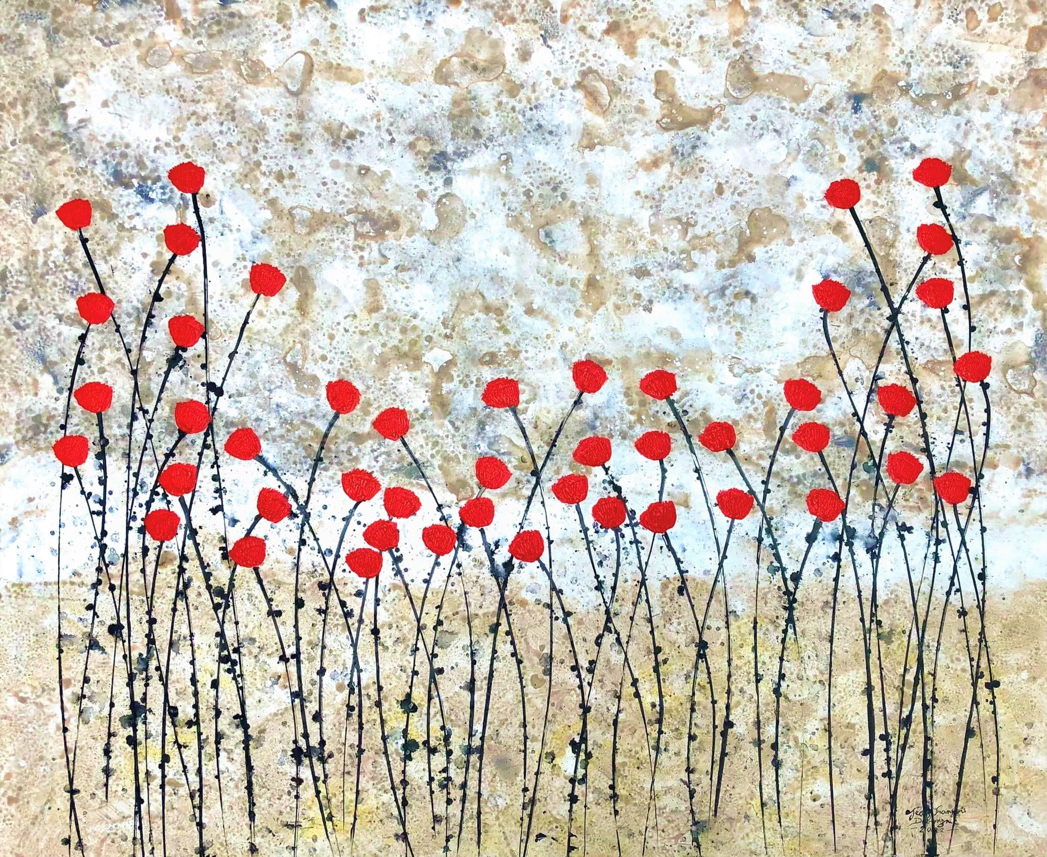 "Dancing Poppies " 80x100cm floral painting acrylic ink on canvas red flowers - Mixed Media Art by Jean Francois Debongnie