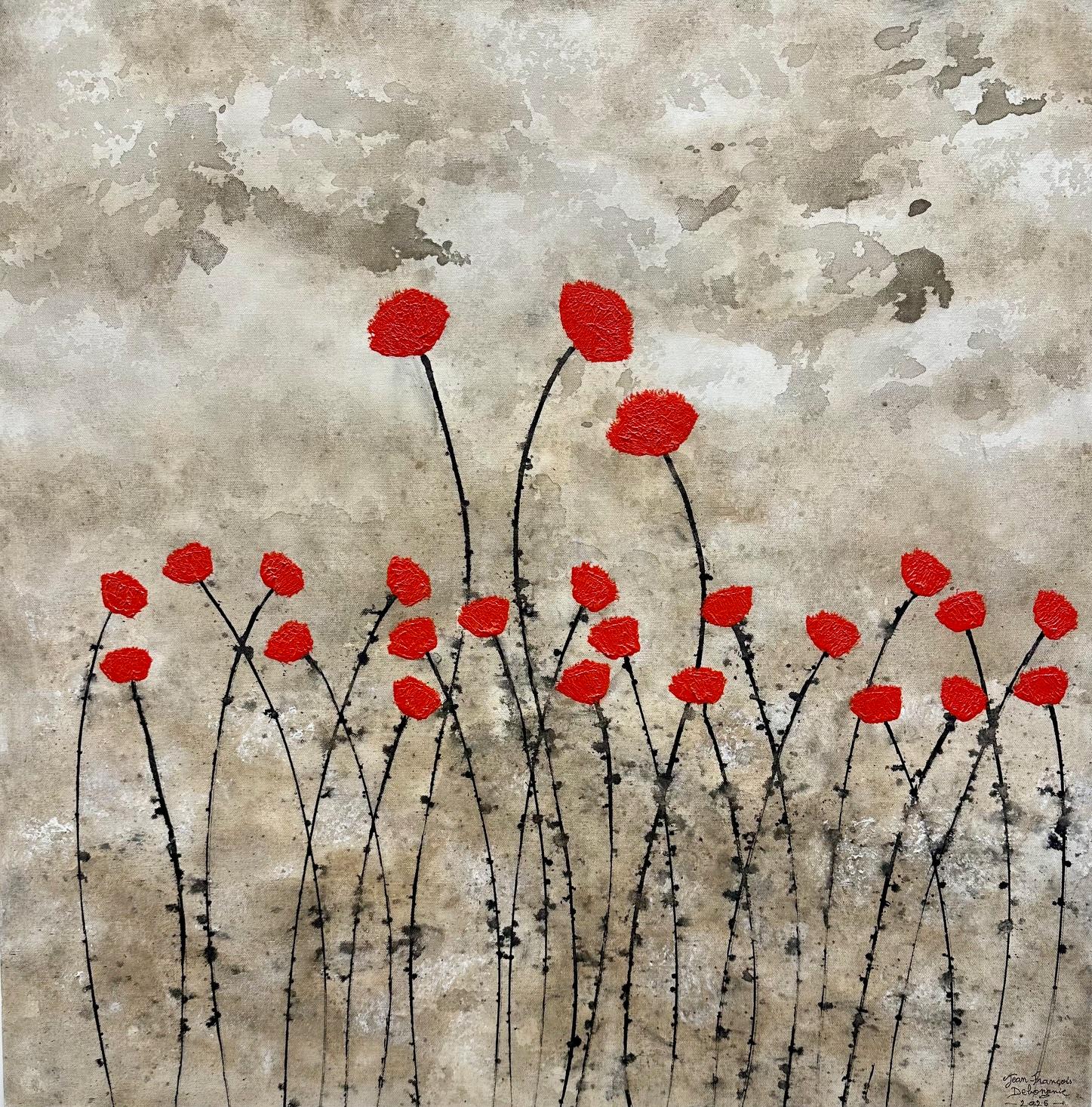"Eternidad" 80x80cm pintura acrílica floral naturaleza rojo verano paz calma feliz - Mixed Media Art de Jean Francois Debongnie