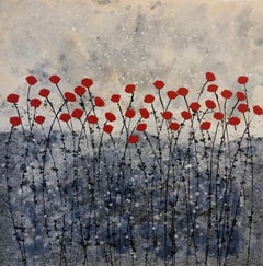 Peinture florale Eternity 80x80cm encre acrylique sur toile fleurs rouges de la nature calme
