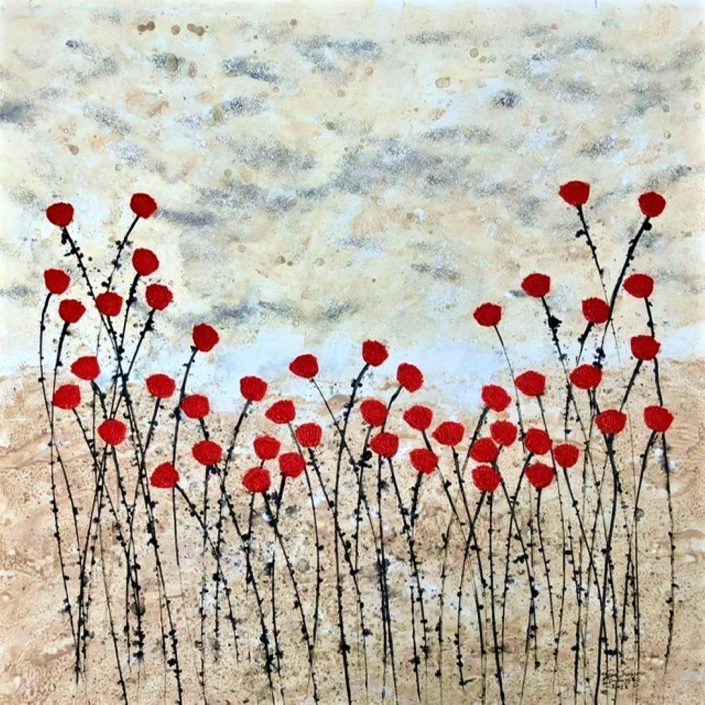"Evening Poppies " 80x80cm floral painting acrylic ink on canvas red flowers - Mixed Media Art by Jean Francois Debongnie