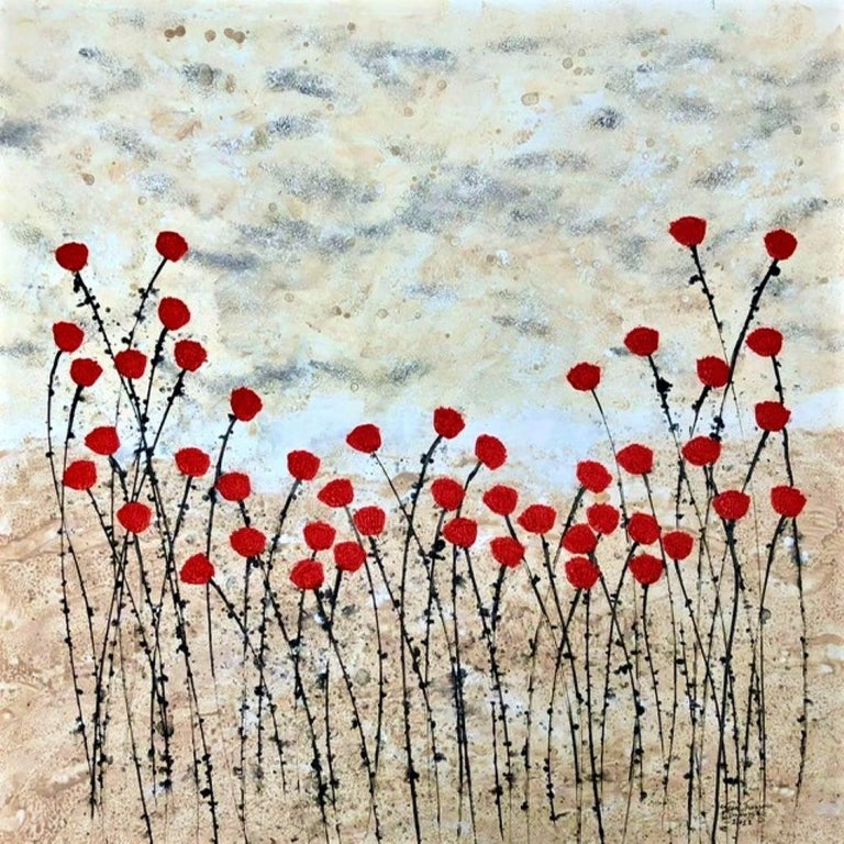 Jean Francois Debongnie - "Evening Poppies " 80x80cm floral painting  acrylic ink on canvas red flowers For Sale at 1stDibs