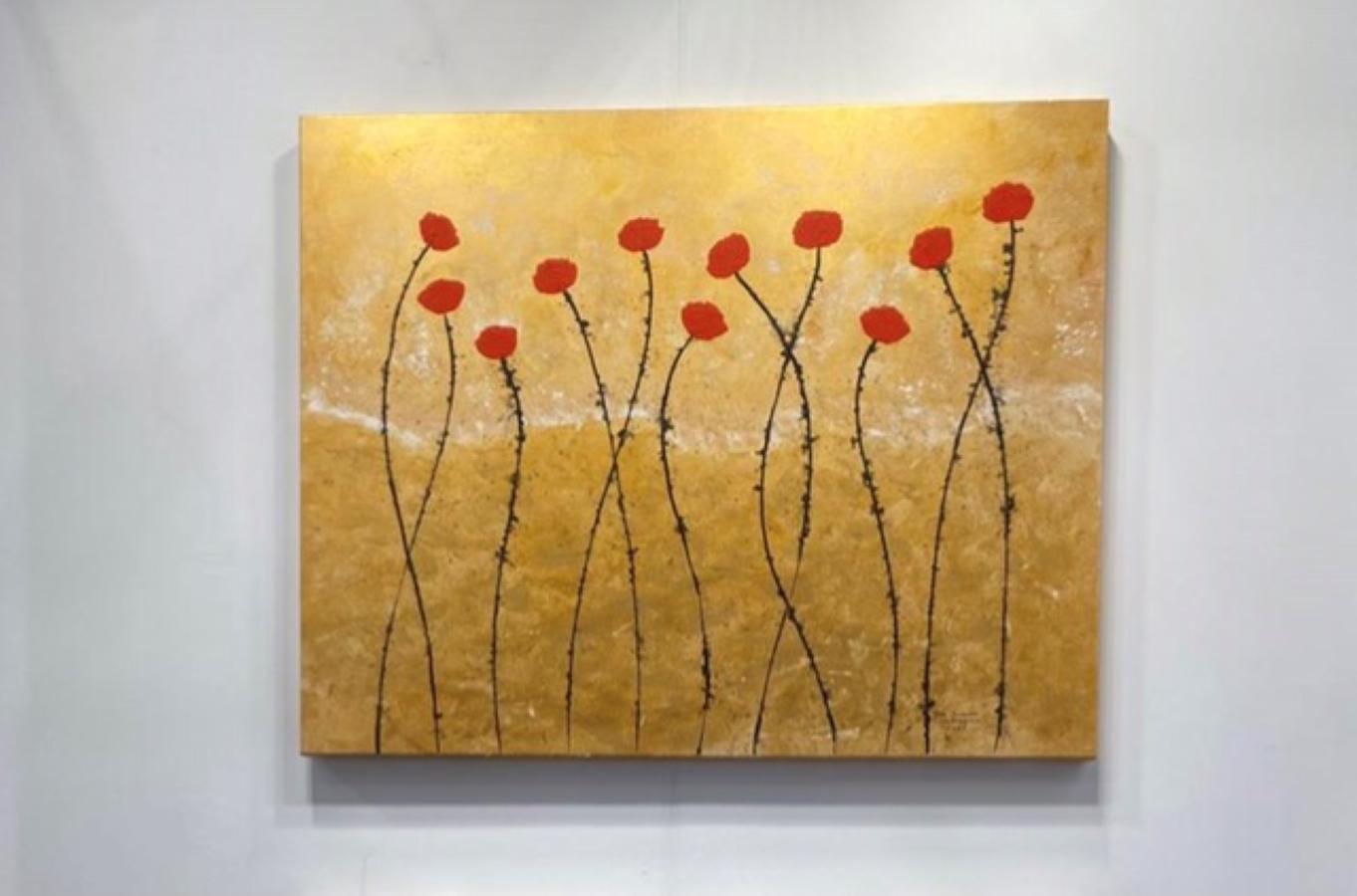 « Les Fleurs », peinture florale à l'encre acrylique sur toile, rouge doré calme de la nature, 80 x 100 cm - Contemporain Mixed Media Art par Jean Francois Debongnie