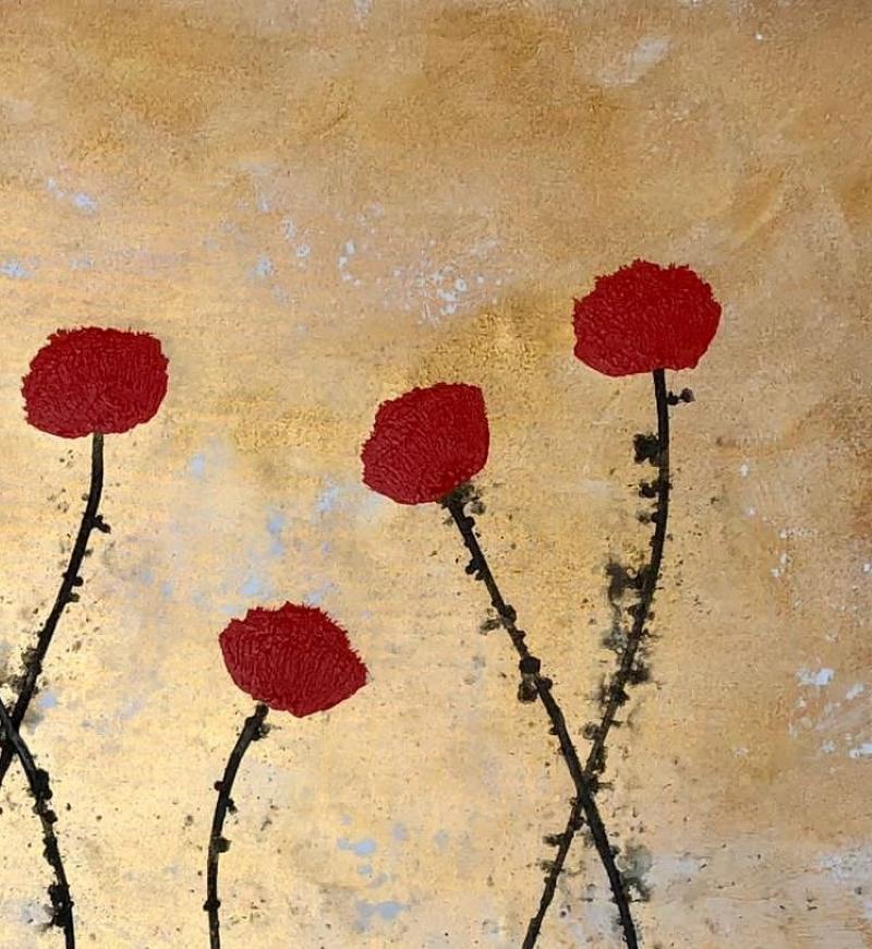Les Fleurs est une œuvre à l'encre et à l'acrylique sur toile de l'artiste belge Jean Francois Debongnie. Cette peinture capture la danse de petites fleurs rouges, avec un coucher de soleil doré en arrière-plan. La peinture sera expédiée déjà tendue