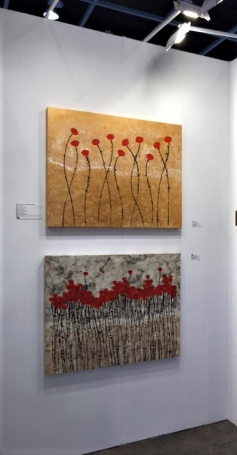 « Les Fleurs », peinture florale à l'encre acrylique sur toile, rouge doré calme de la nature, 80 x 100 cm 1