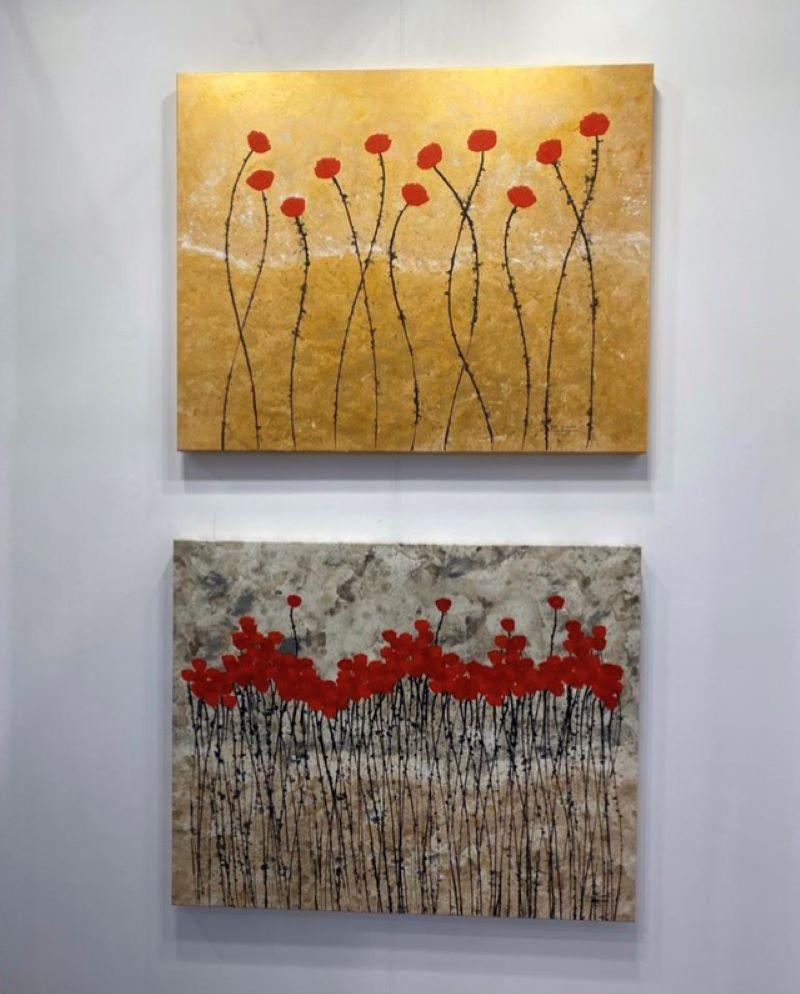 Les Fleurs is an ink and acrylic on canvas work by Belgian artist Jean Francois Debongnie. This painting captures the dancing of little red flowers, with golden sunset as background. The painting will be shipped already stretched and ready for the