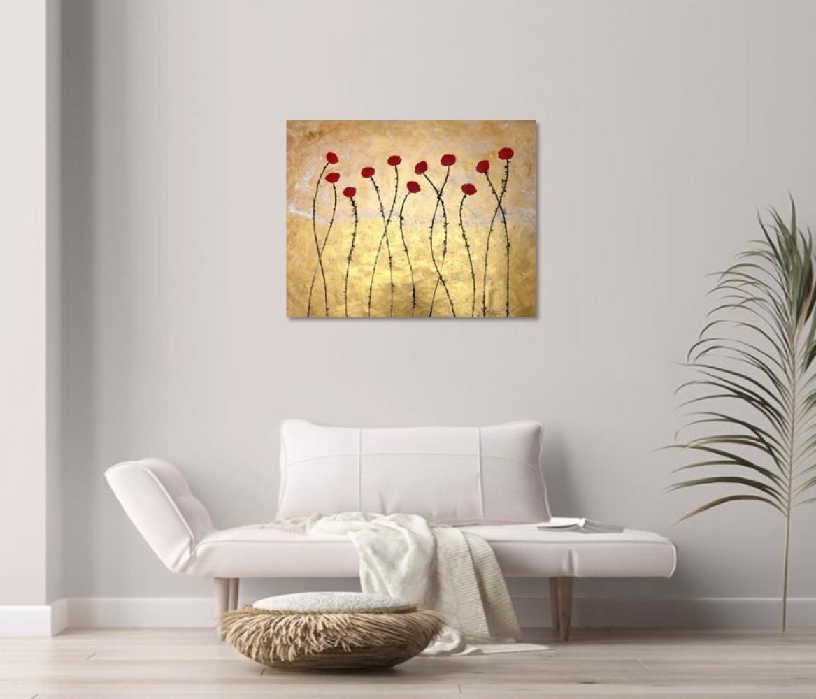 « Les Fleurs », peinture florale à l'encre acrylique sur toile, rouge doré calme de la nature, 80 x 100 cm 5