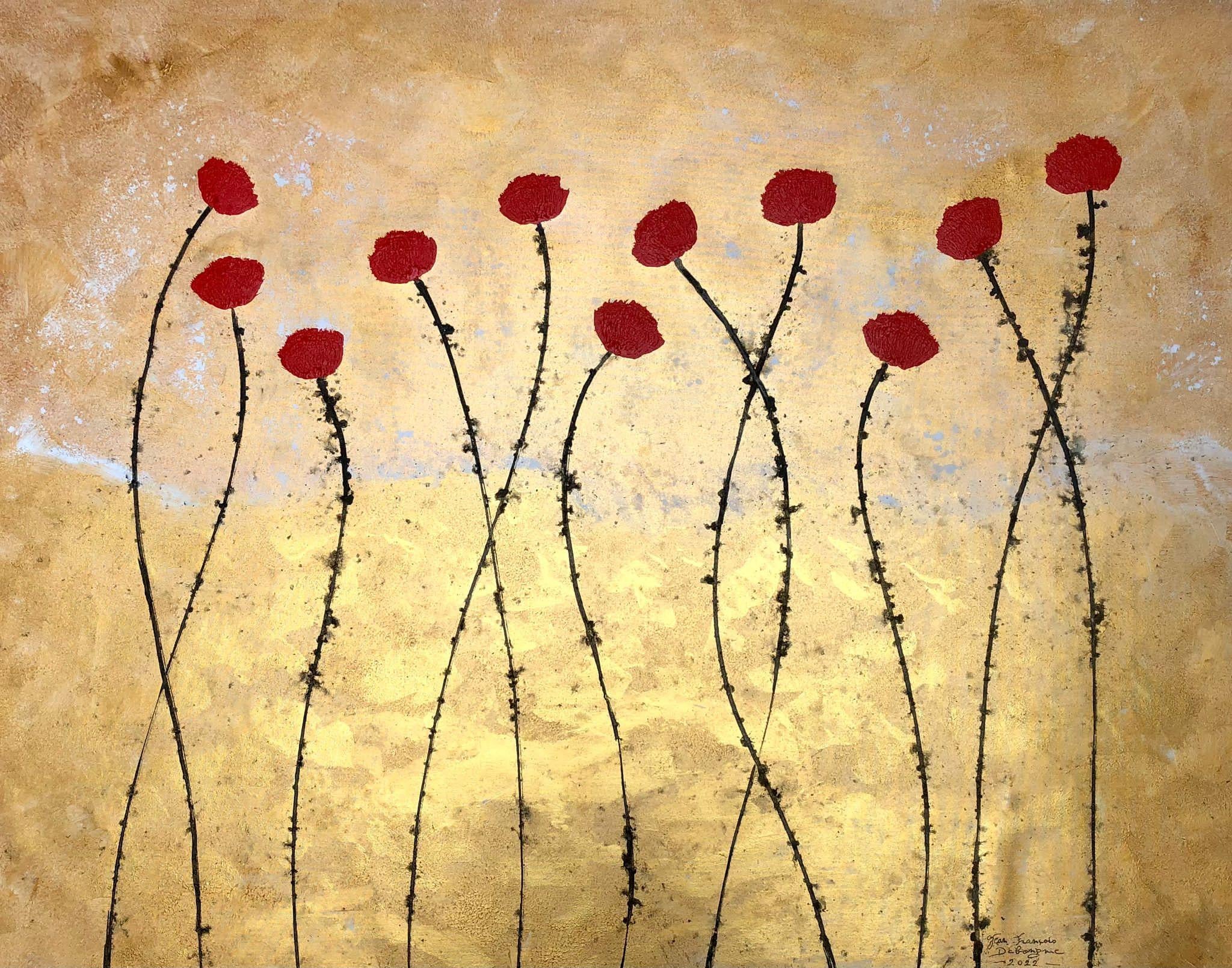 « Les Fleurs », peinture florale à l'encre acrylique sur toile, rouge doré calme de la nature, 80 x 100 cm - Mixed Media Art de Jean Francois Debongnie
