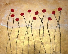 « Les Fleurs », peinture florale à l'encre acrylique sur toile, rouge doré calme de la nature, 80 x 100 cm