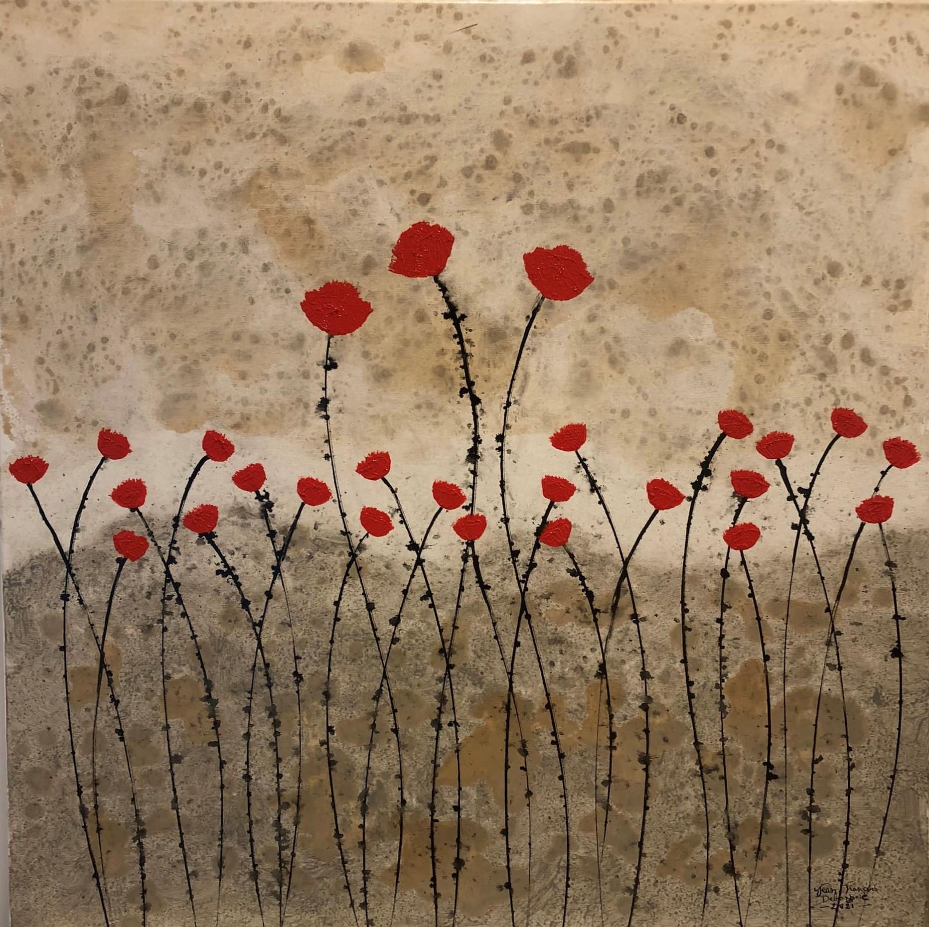 "Little Red Flowers" 80x80cm floral painting acrylic ink on canvas red summer - Painting by Jean Francois Debongnie