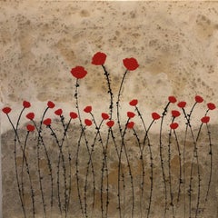 ""Little Red Flowers" 80x80cm florales Gemälde, Acrylfarbe auf Leinwand, roter Sommer