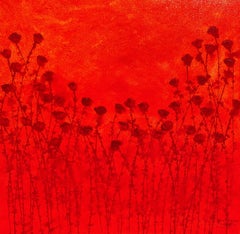 "Red Blossoms" 80x80cm floral painting acrylic n ink on canvas sunset nature red