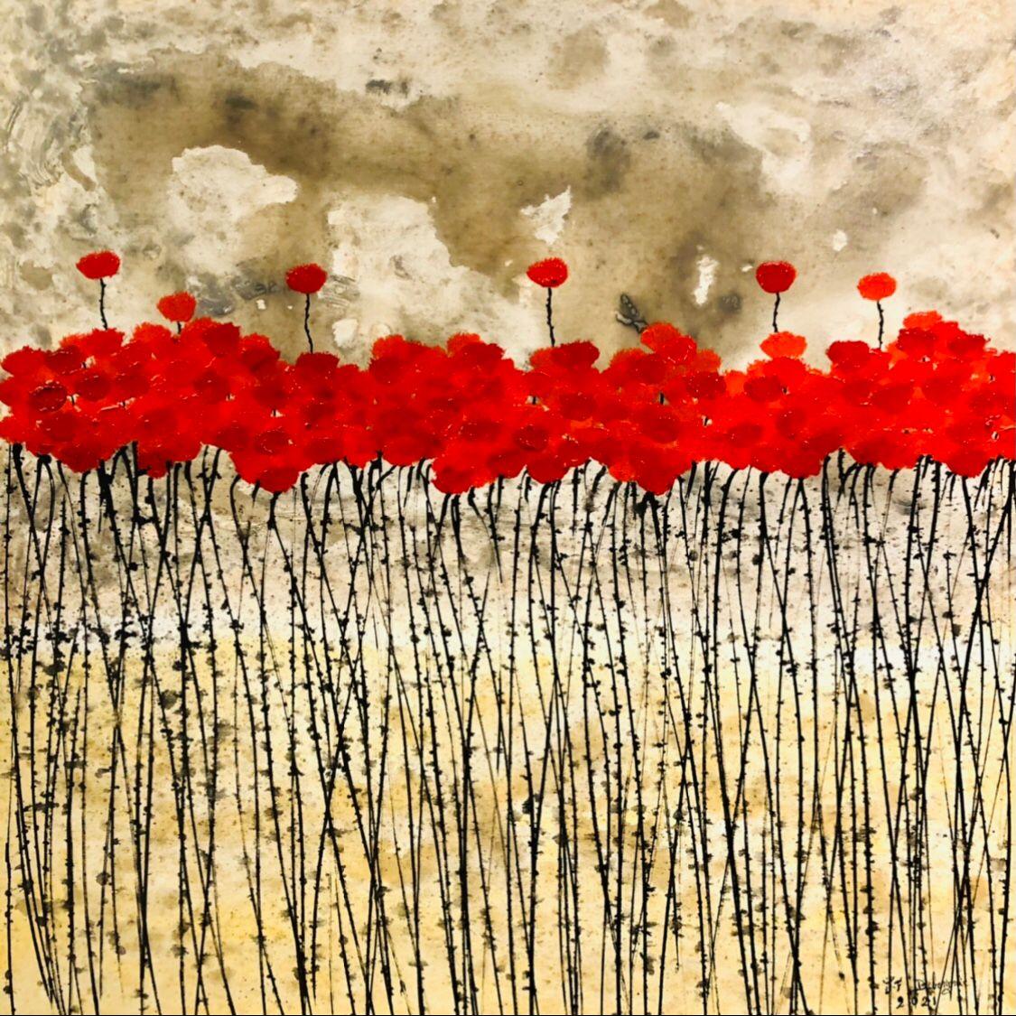 "Red Flowers Field" 80x80cm floral painting acrylic ink on canvas nature summer - Painting by Jean Francois Debongnie