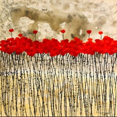 "Red Flowers Field" 80x80cm floral painting acrylic ink on canvas nature summer