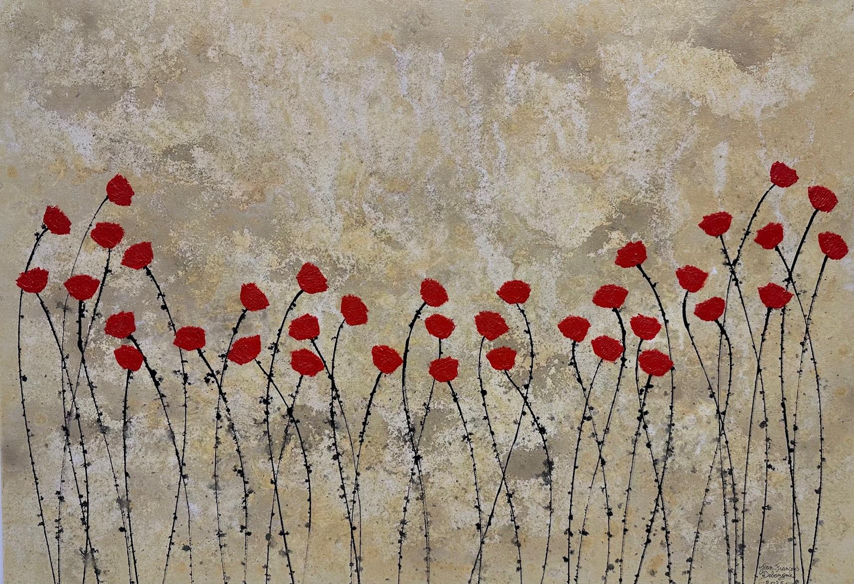 "Serenidad" 70x100cm pintura acrílica floral naturaleza rojo verano paz calma feliz - Painting de Jean Francois Debongnie
