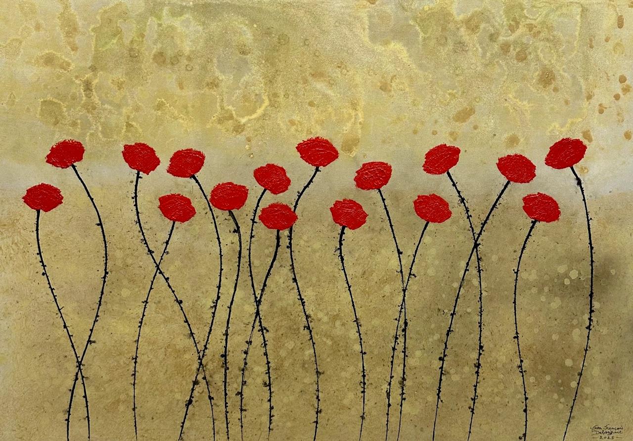 "Serenidad" 70x100cm pintura acrílica floral naturaleza rojo verano paz estado de ánimo tranquilizador - Mixed Media Art de Jean Francois Debongnie