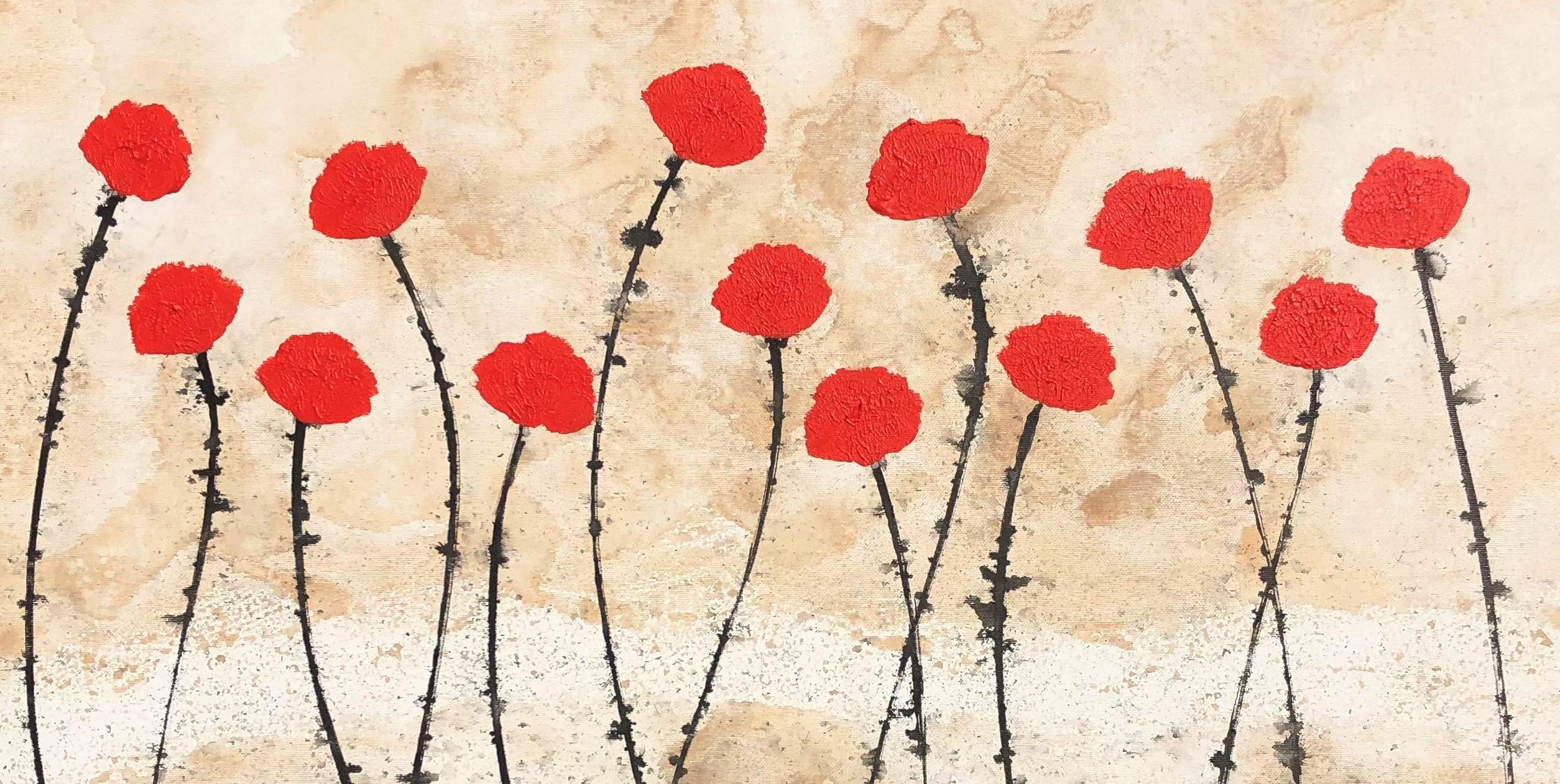 Serenity 80x80cm peinture florale à l'encre acrylique sur toile fleurs rouges de la nature calme en vente 4