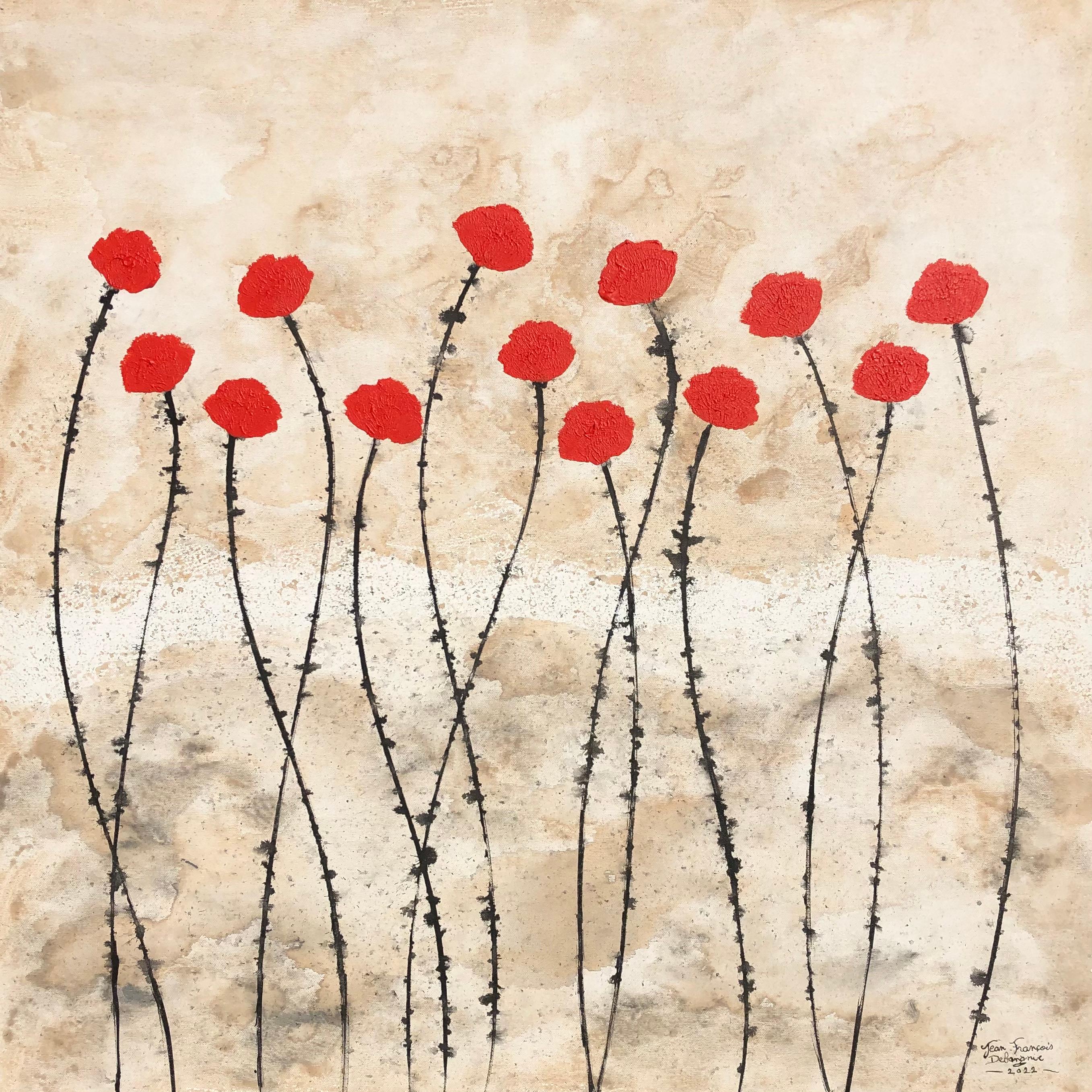 Serenity 80x80cm floral painting acrylic ink on canvas nature red flowers calm - Painting by Jean Francois Debongnie