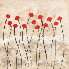 Serenity 80x80cm floral painting acrylic ink on canvas nature red flowers calm
