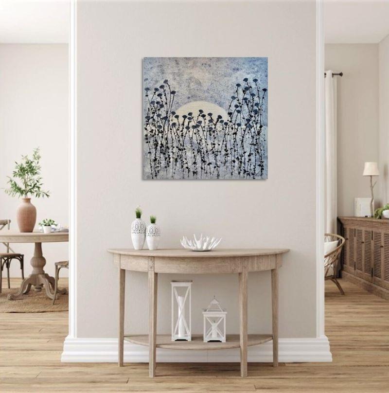 „Serenity“ 80x80cm Gemälde, Acrylfarbe auf Leinwand, blaue Blumen, Natur, Sonnenuntergang  im Angebot 5