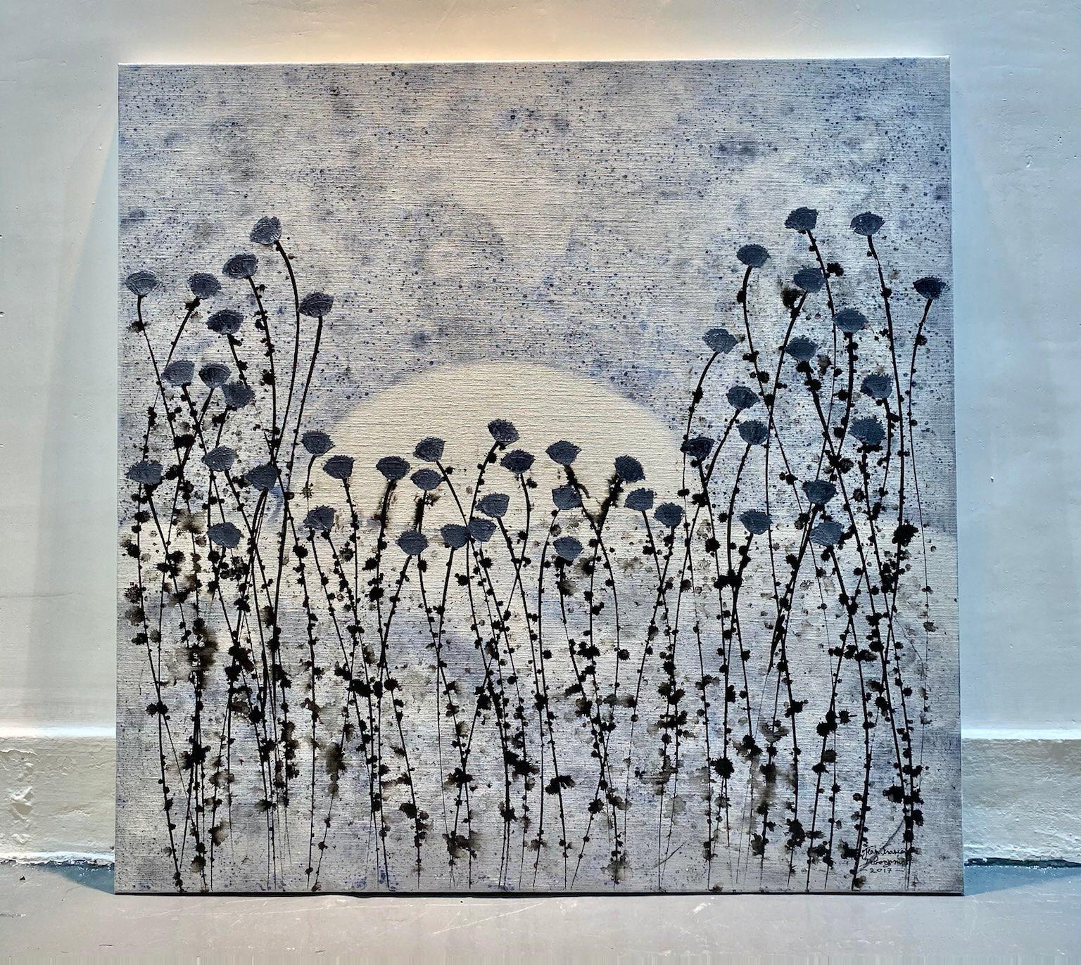 „Serenity“ 80x80cm Gemälde, Acrylfarbe auf Leinwand, blaue Blumen, Natur, Sonnenuntergang  im Angebot 6