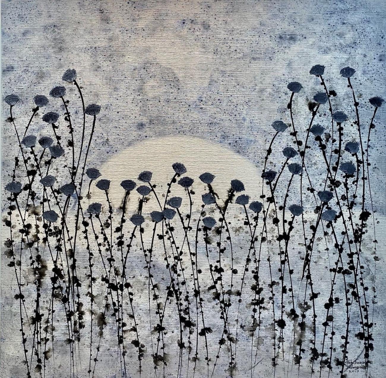 « serenity », peinture à l'encre acrylique sur toile, fleurs bleues, coucher de soleil, 80 x 80 cm  - Mixed Media Art de Jean Francois Debongnie