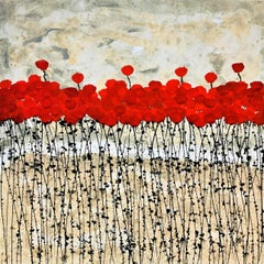 « Summer is Near », peinture florale acrylique sur toile, fleurs de la nature rouges, 80 x 80 cm