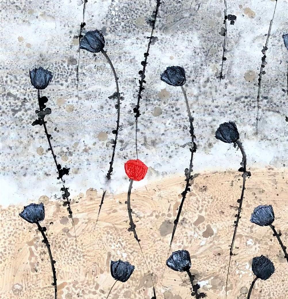 « The One », peinture florale à l'encre acrylique sur toile, fleurs rouges de la nature, 80 x 80 cm, calme - Contemporain Painting par Jean Francois Debongnie