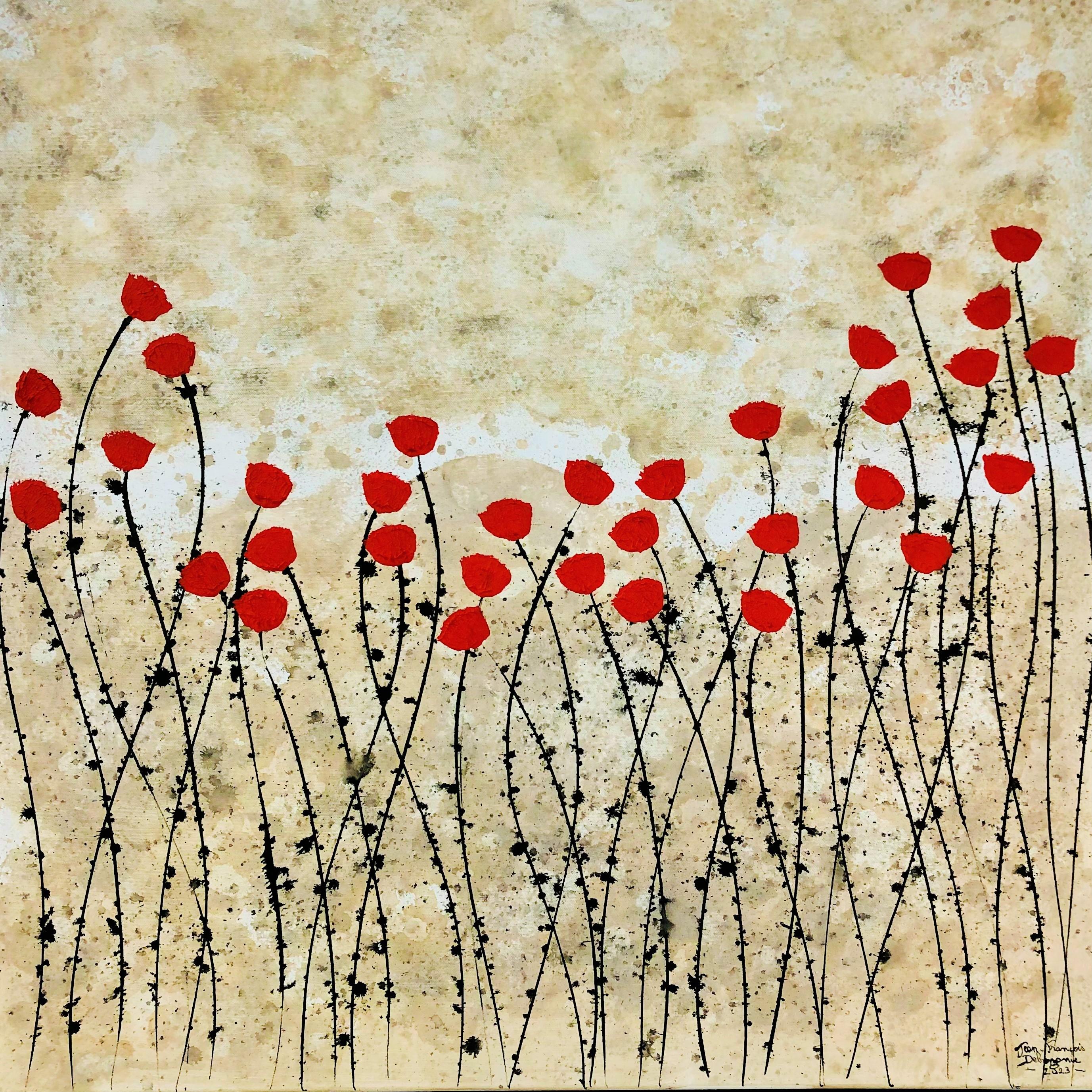 "Wild Flower Field" 80x80cm floral painting acrylic on canvas nature red summer - Painting by Jean Francois Debongnie