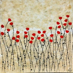 « Wild Flower Field », peinture florale acrylique sur toile rouge d'été, 80 x 80 cm