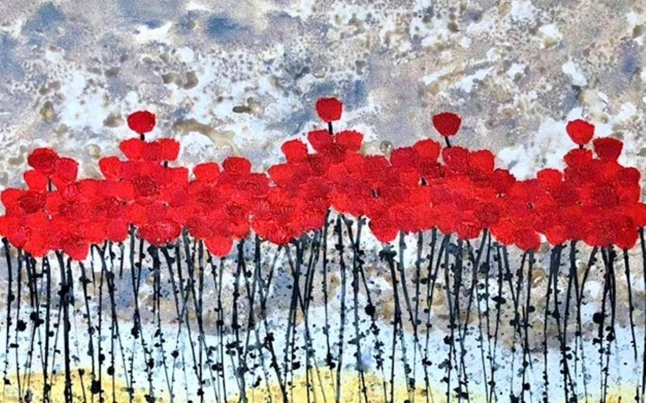 « World of Blossoms », peinture florale à l'encre acrylique sur toile, 80 x 80 cm, fleurs rouges en vente 1