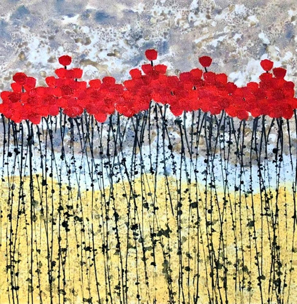 « World of Blossoms », peinture florale à l'encre acrylique sur toile, 80 x 80 cm, fleurs rouges en vente 2