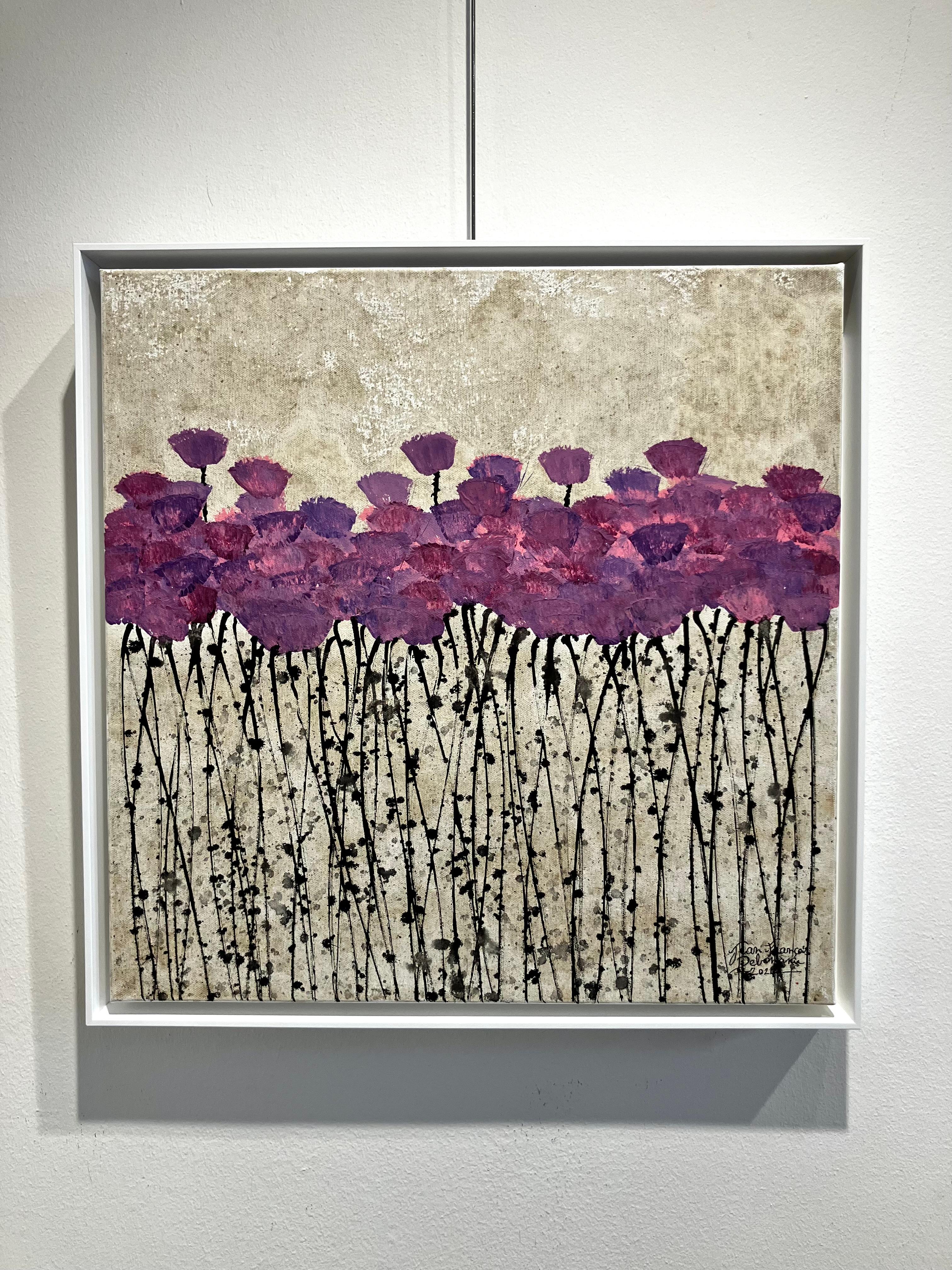 ''Untitled 22'' Peinture contemporaine en techniques mixtes avec fleurs violettes sur beige - Painting de Jean-François Debongnie