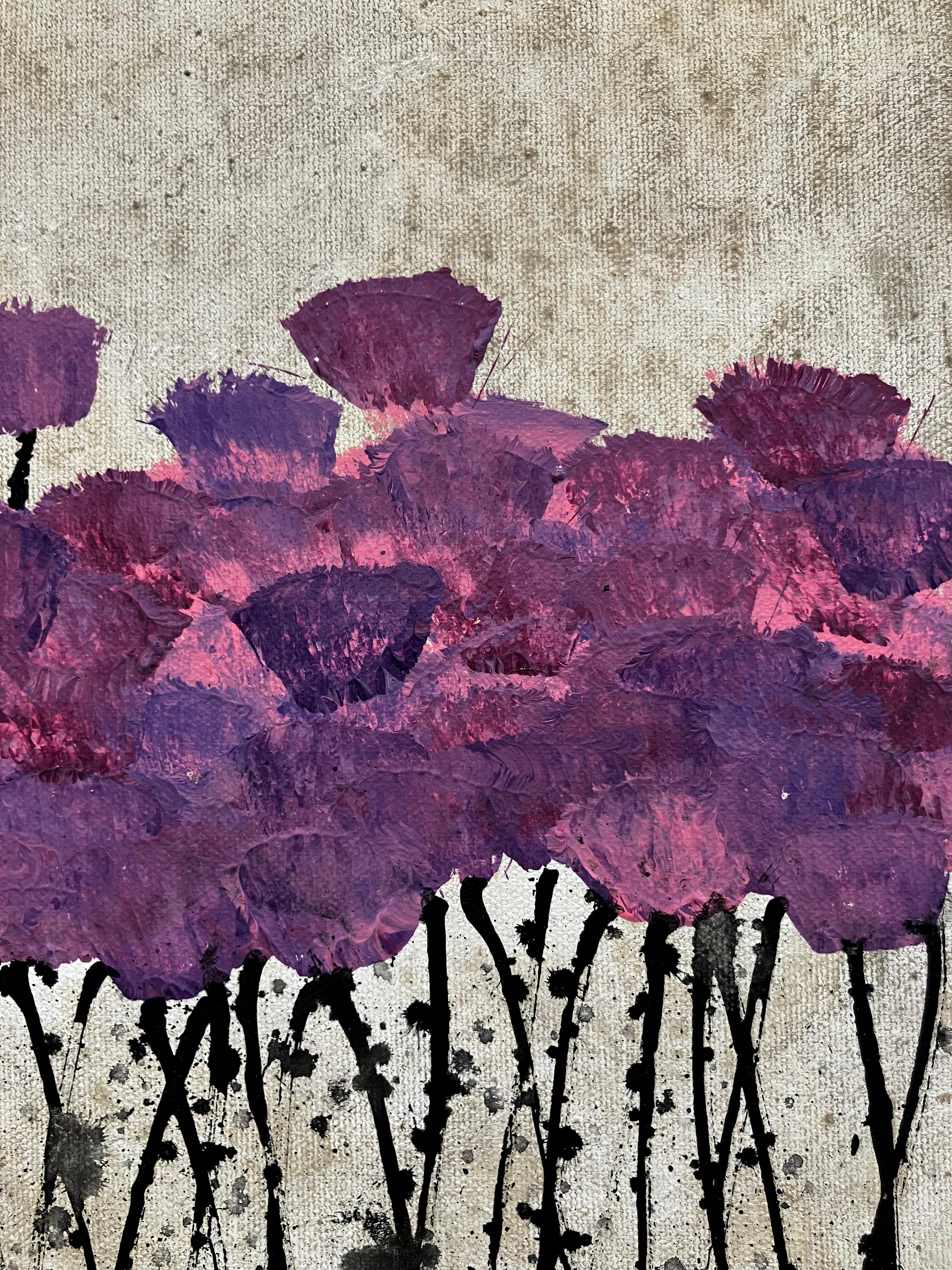 ''Untitled 22'' Peinture contemporaine en techniques mixtes avec fleurs violettes sur beige - Contemporain Painting par Jean-François Debongnie